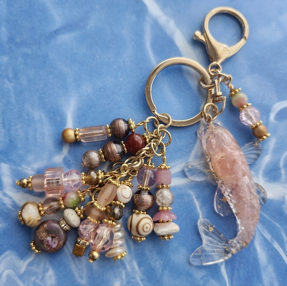 Handmade Accessories - Koi Fish with Lucky Coin Purse Charm or Keychain Glass Stone Handcrafted